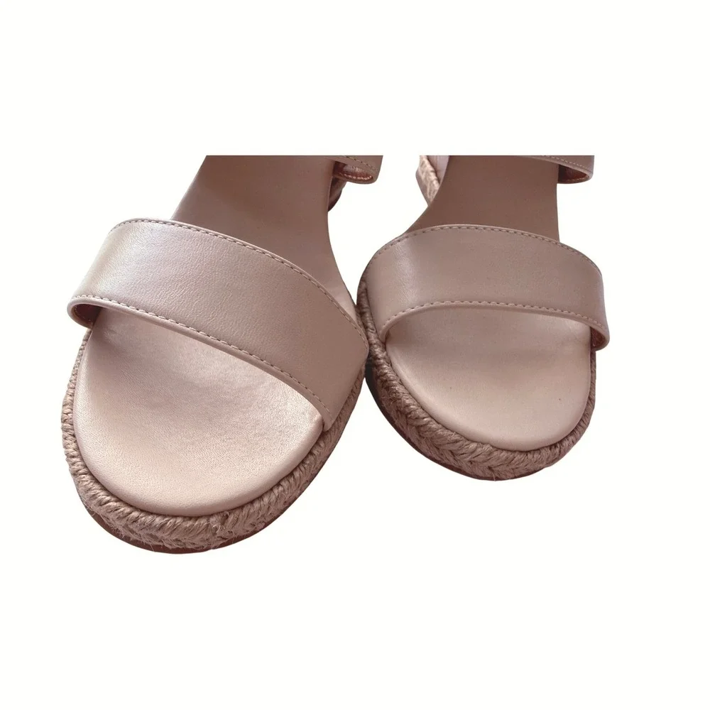 Tory Burch Dulce De Leche Beige Leather Double Strap Wood Wedge Slide Sandals 8M